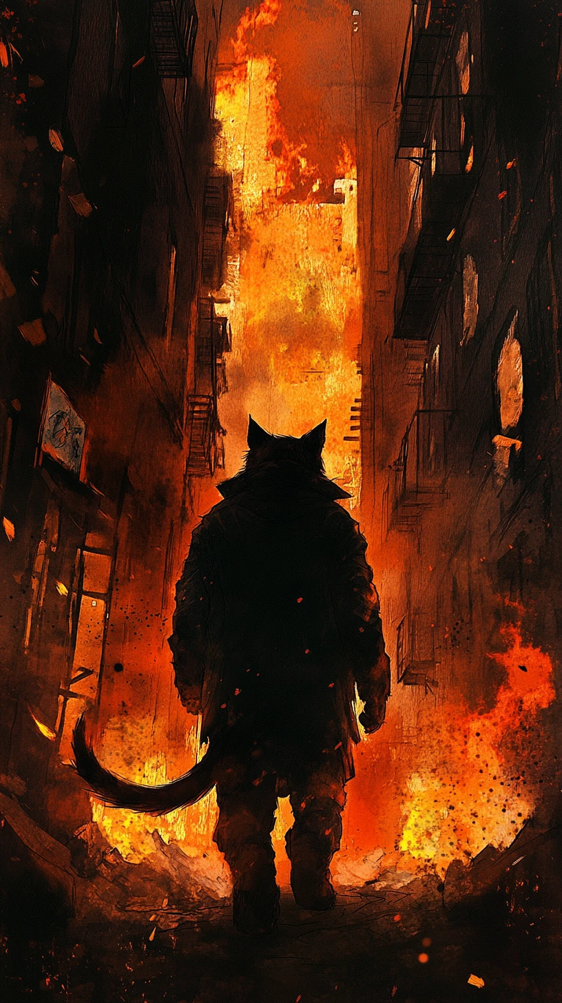 Anthropomorphic cat silhouette walking into burning city inferno
