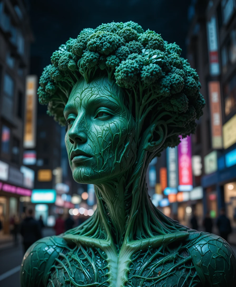 Surreal man with broccoli head in neon lit city