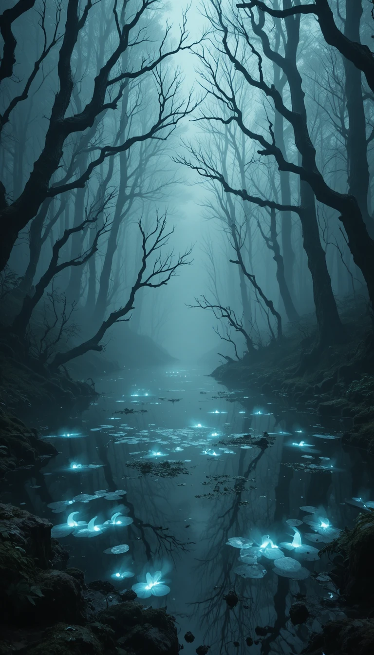 Luminescent pond in a misty ancient forest clearing