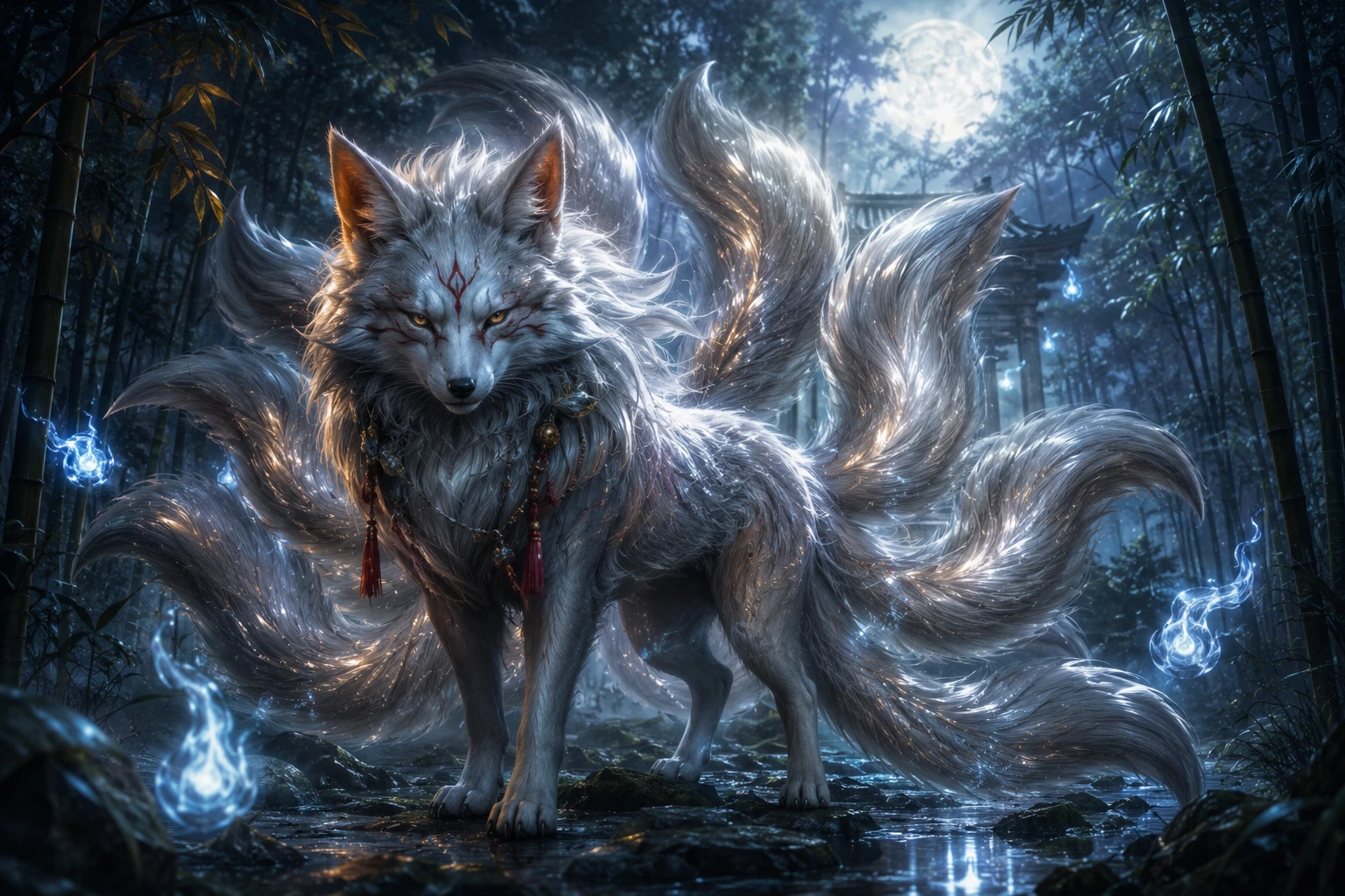 Mystical nine tailed fox in moonlit bamboo forest