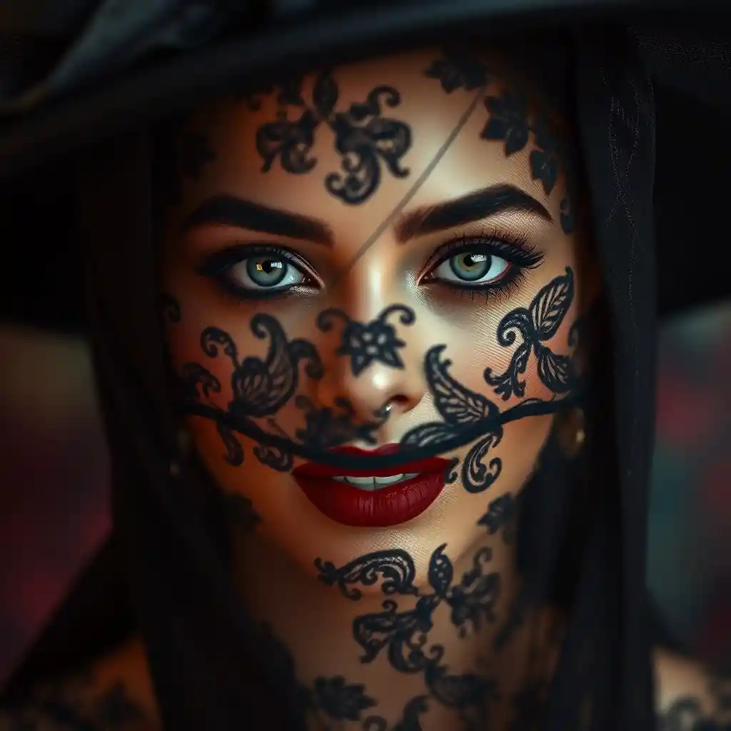 Latina woman in black hat and embroidered veil close up