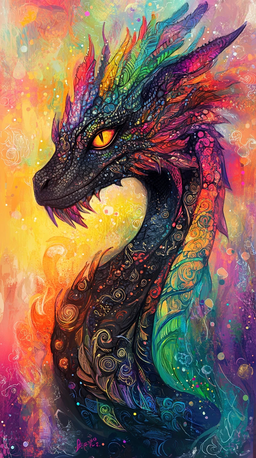 Playful cartoon dragon with rainbow doodle patterned scales