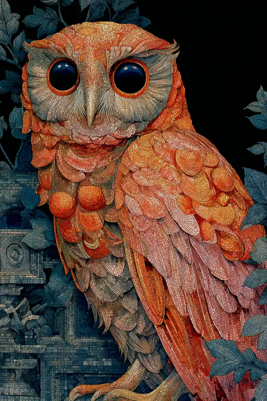 Surreal owl made of oranges with shining onyx eyes