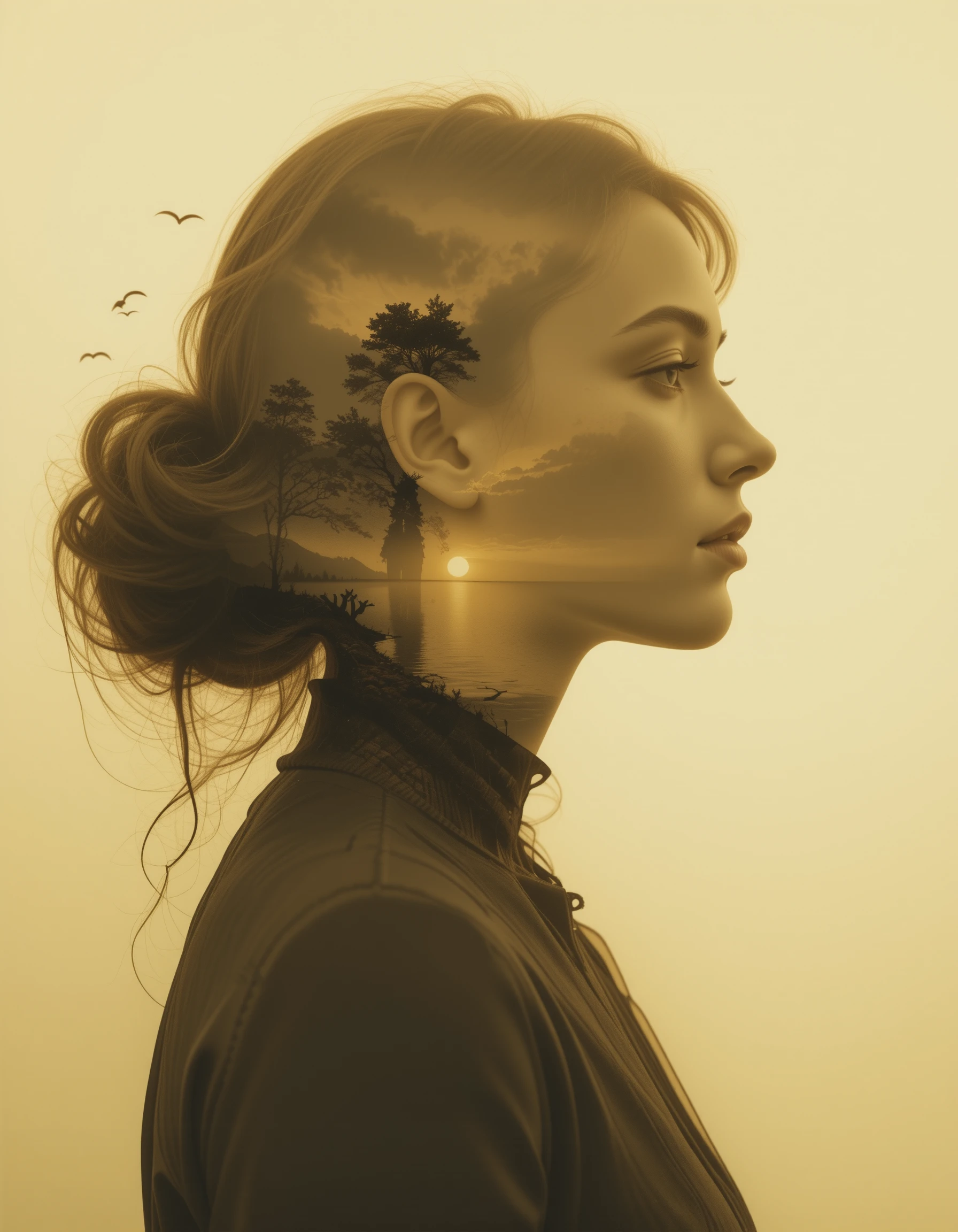 Double exposure portrait of a woman with lakeside sunset