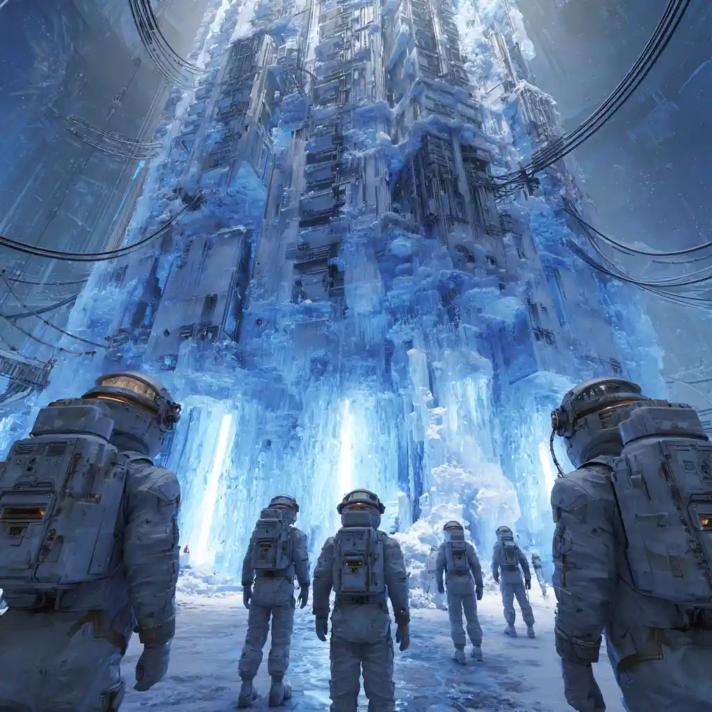 Pilgrims Linked To A Frozen Server Tower In Blue Light