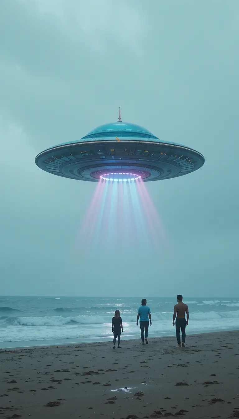 UFO colorato che sorvola una spiaggia affollata mentre la gente osserva