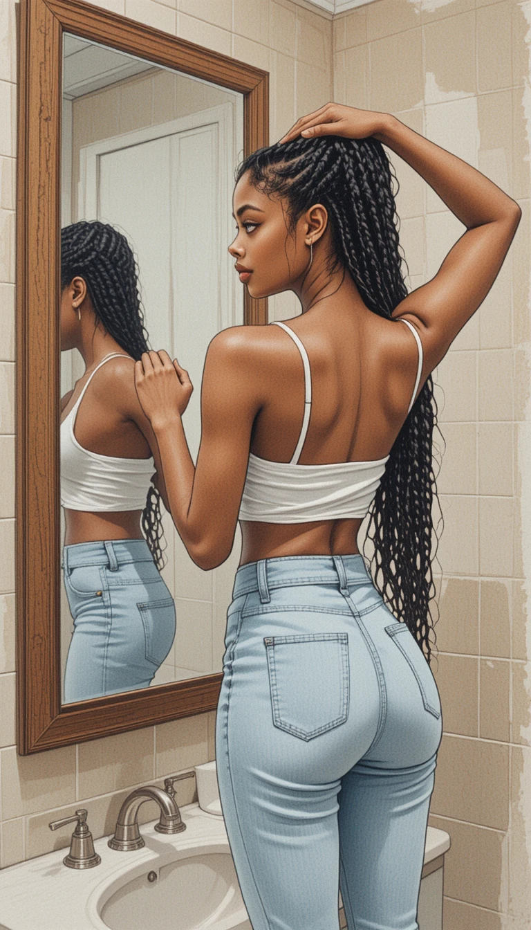 Young woman adjusting box braids before a bathroom mirror