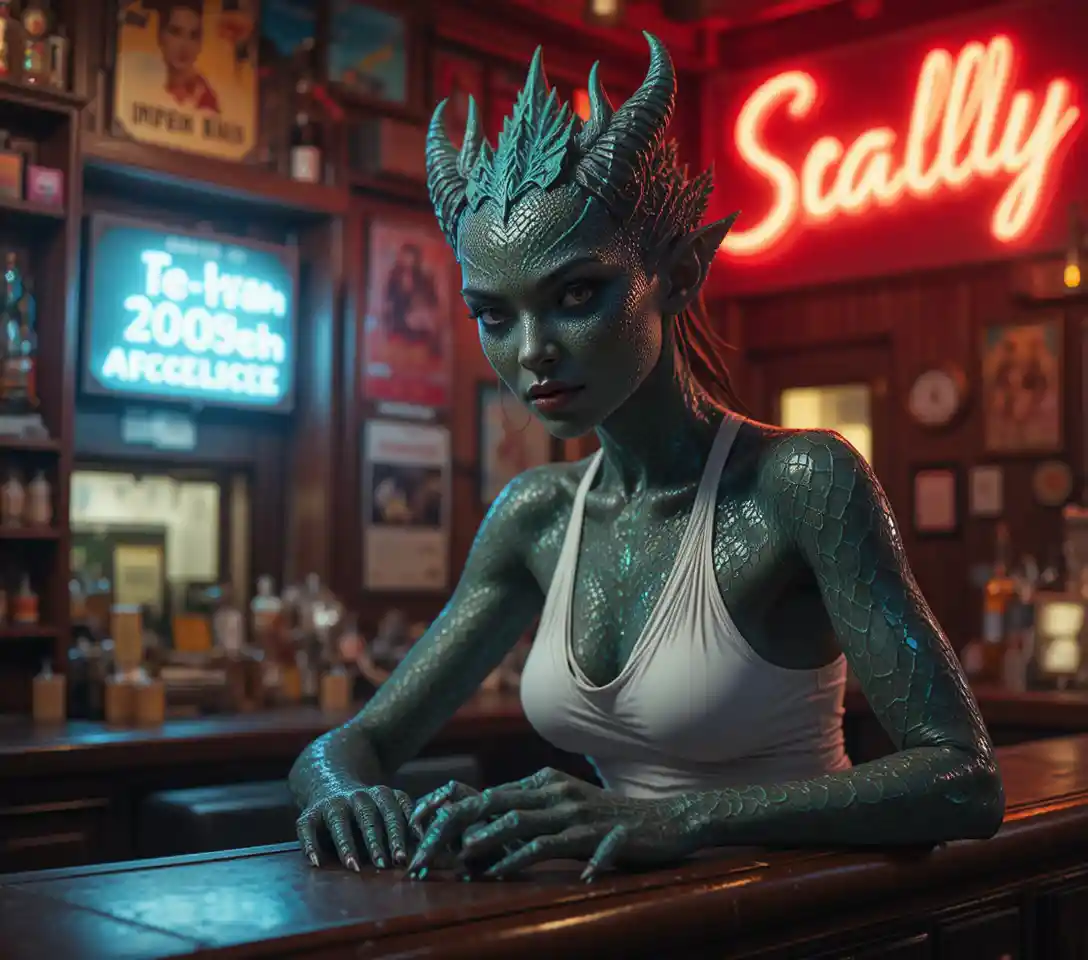 Dragon woman leaning at a vintage 1970s pub bar