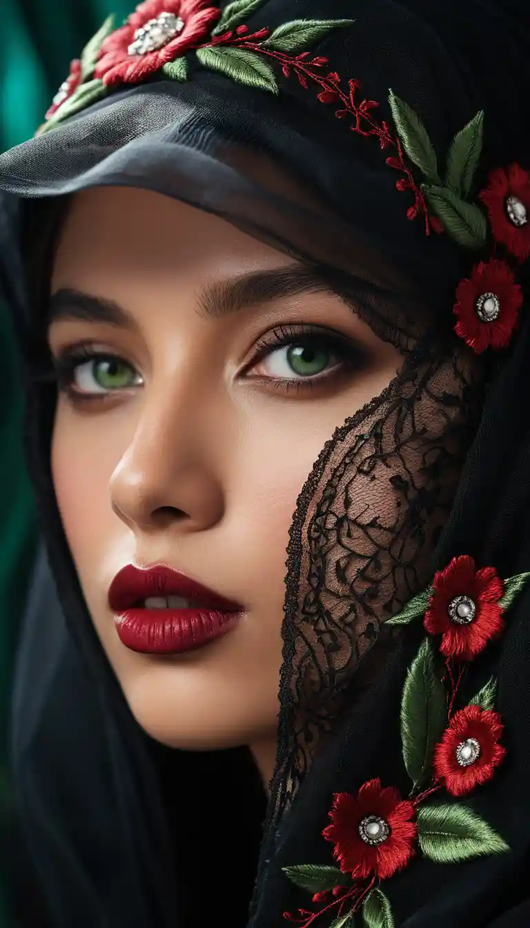 Latina woman in black hat with embroidered veil portrait