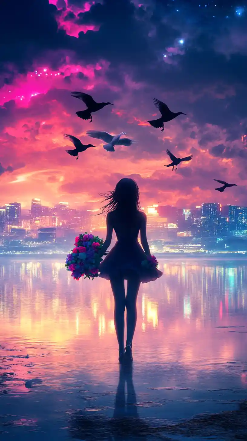 Lonely anime woman on neon shore facing distant city