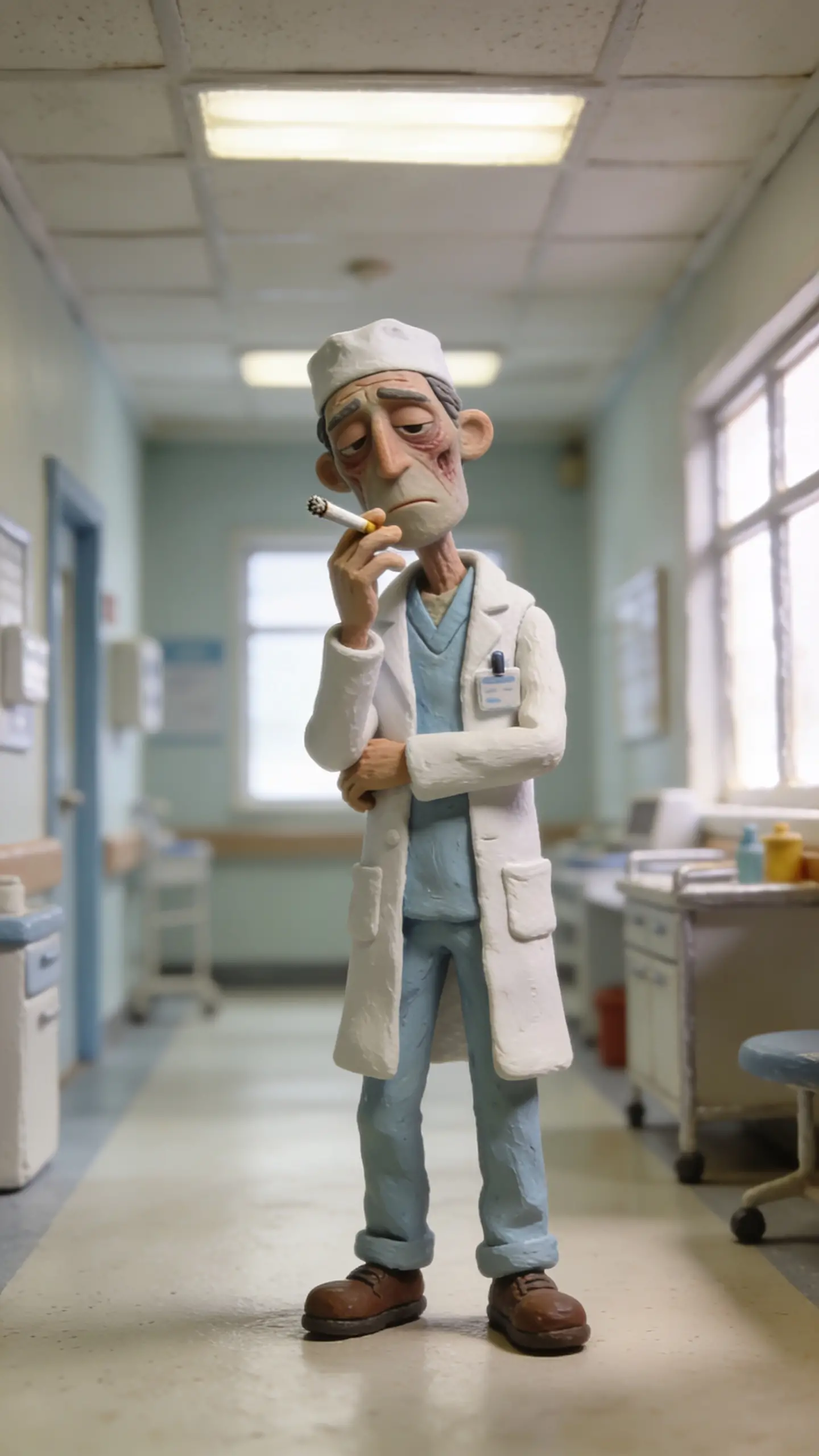 Doctor with cigarette prop in quiet hospital corridor