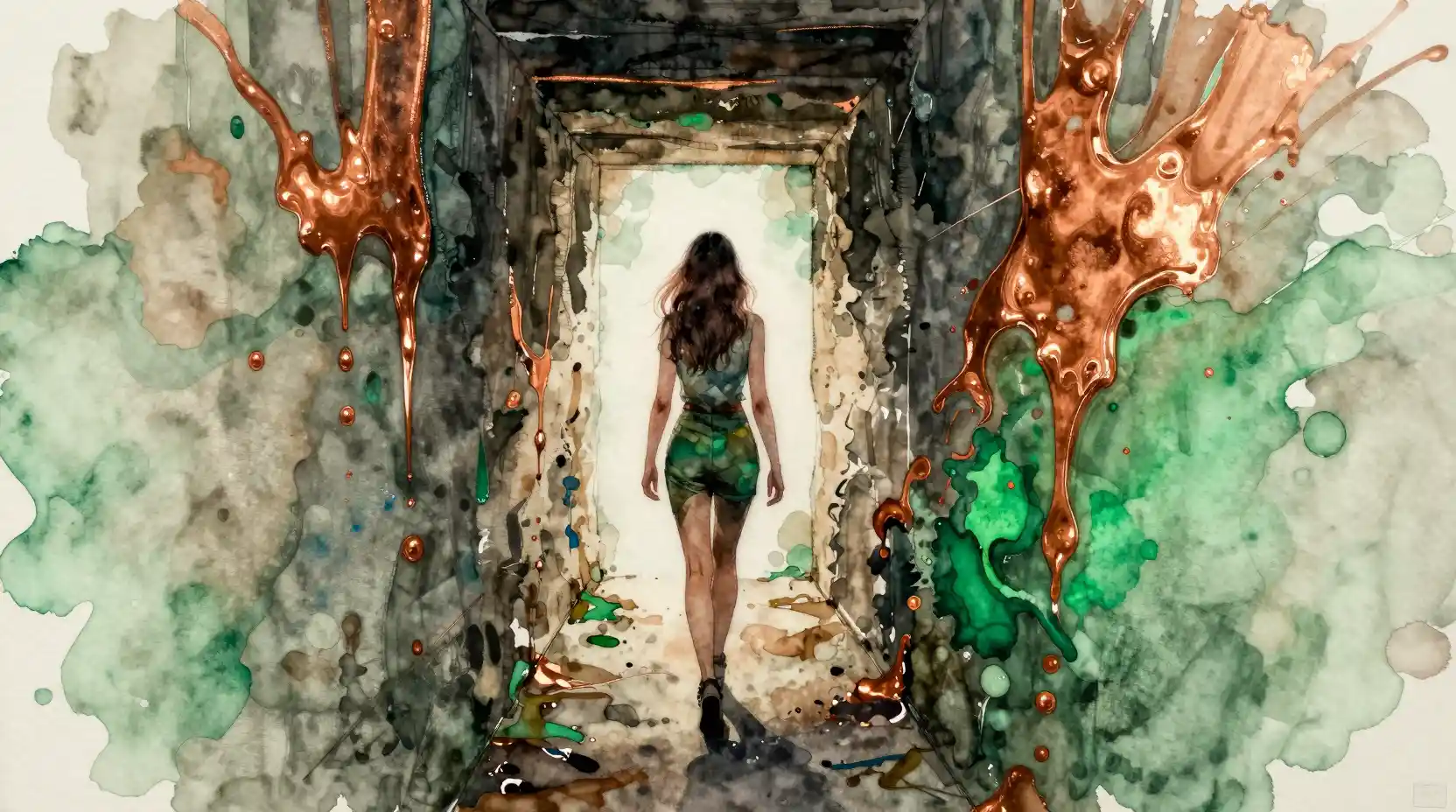 Woman walking deeper into a narrowing watercolor tunnel