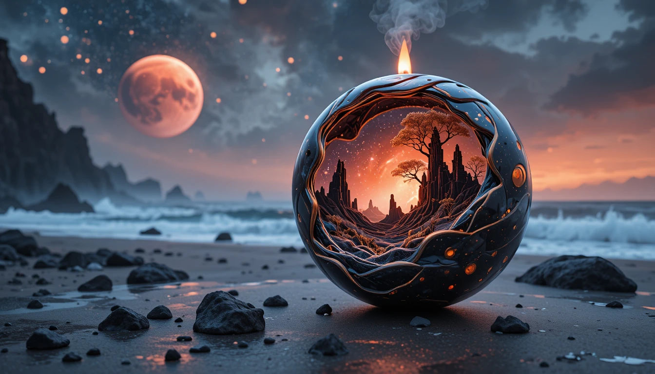 Surreal galaxy candle glowing on a textured stone surface