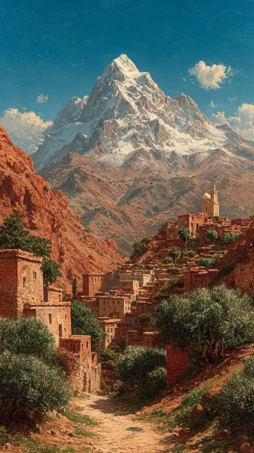 Victorian painting of snow capped Kabylie mountain landscape
