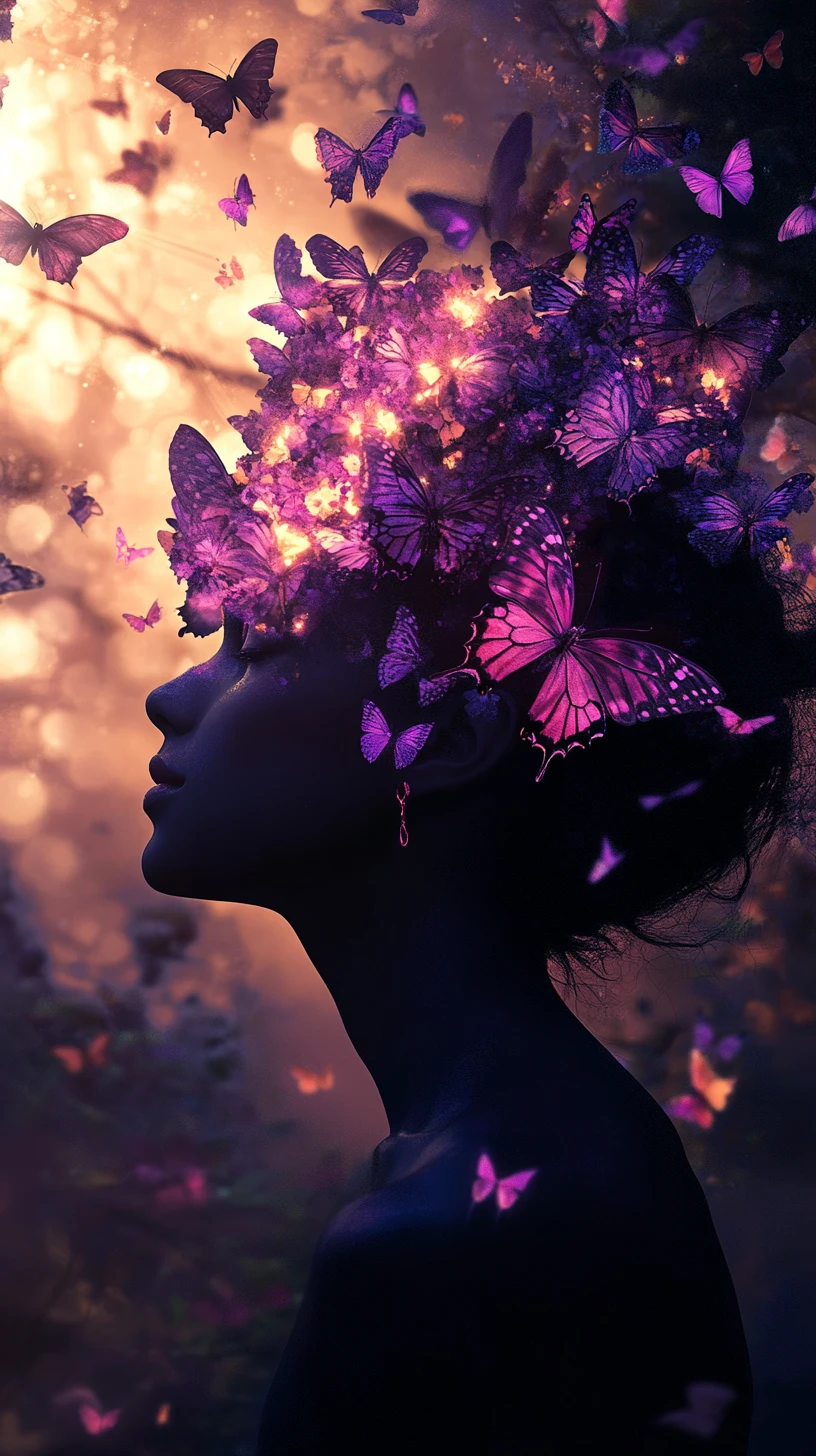 Silhouetted woman with glowing butterflies in twilight forest