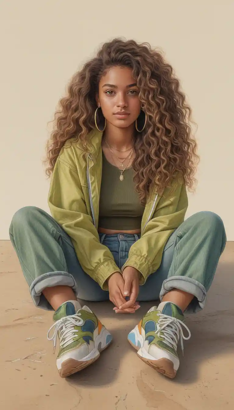 Confident woman seated in wide pose with curly hair
