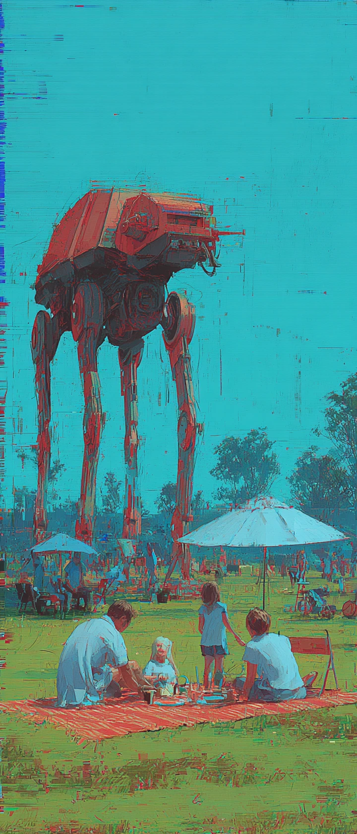 Swedish family picnic beside dormant mech under distorted sky