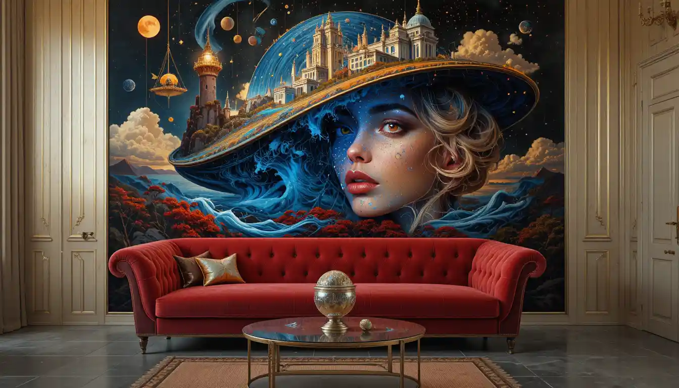 Baroque red sofa before surreal swirling cosmic painting