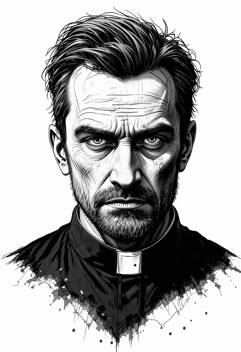 Ominous black and white ink portrait of a stern middle aged man