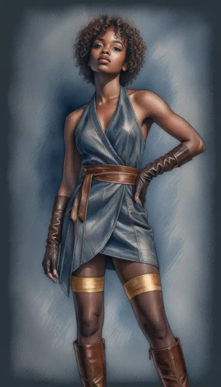 Confident woman in brown leather dress looking upward