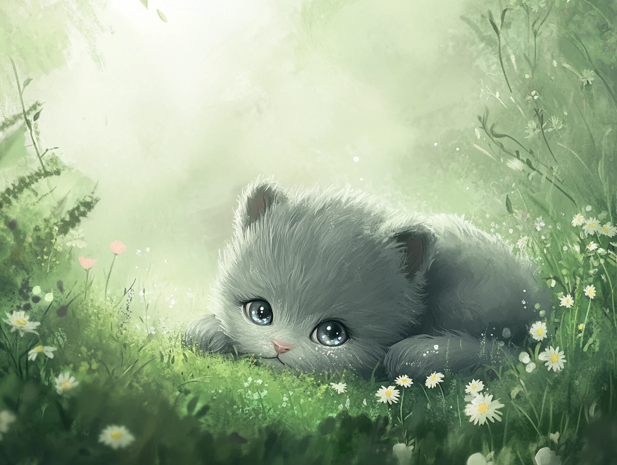 Cute baby animal resting in a misty green meadow