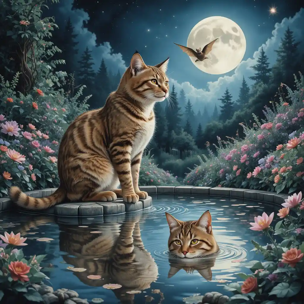 Tabby cat by a moonlit garden pond in summer