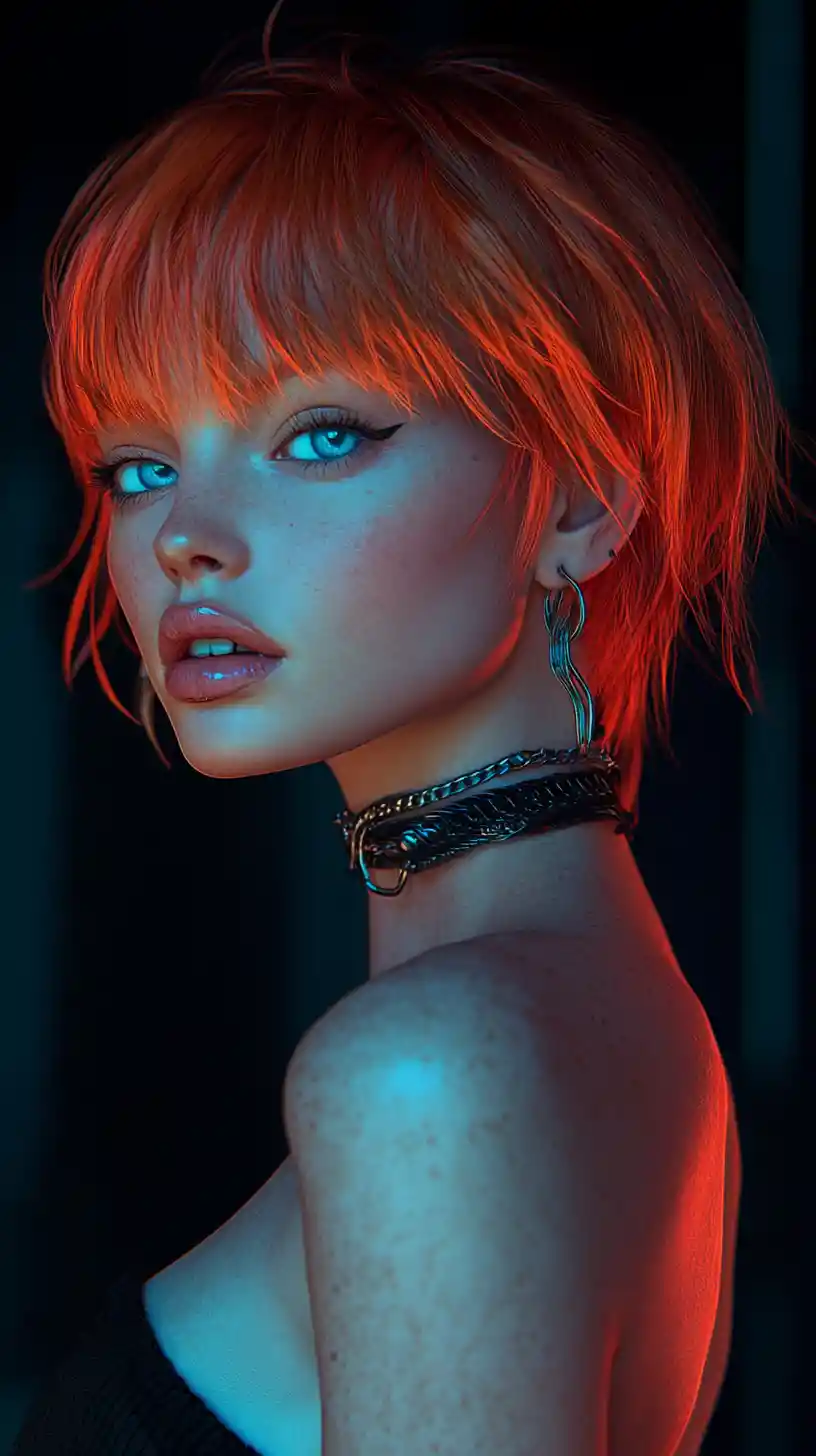 Neon haired anime woman in dramatic cyber noir portrait