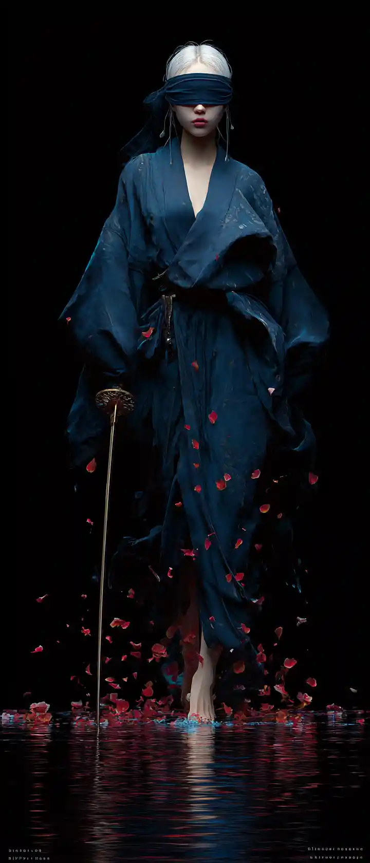 Blindfolded woman in dark kimono walking through water