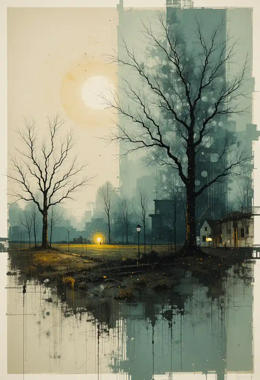 Abstract monotype collage with cozy evening colors