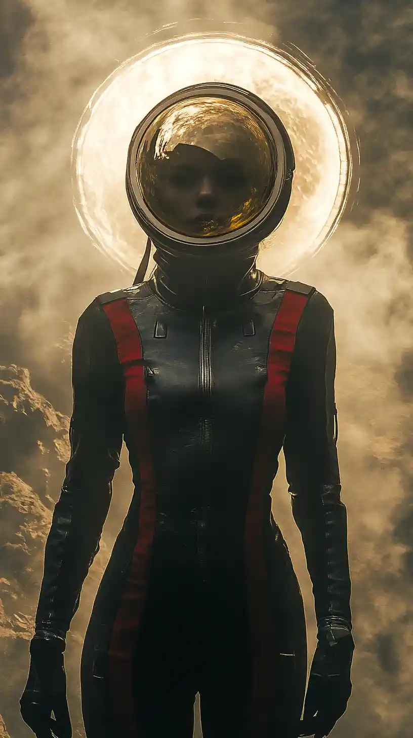 Female astronaut in black and red suit on alien world
