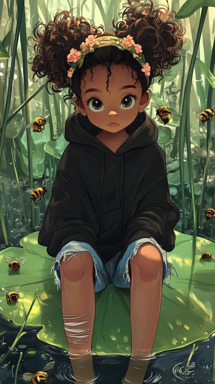 Cute girl relaxing on a lily pad in a swamp