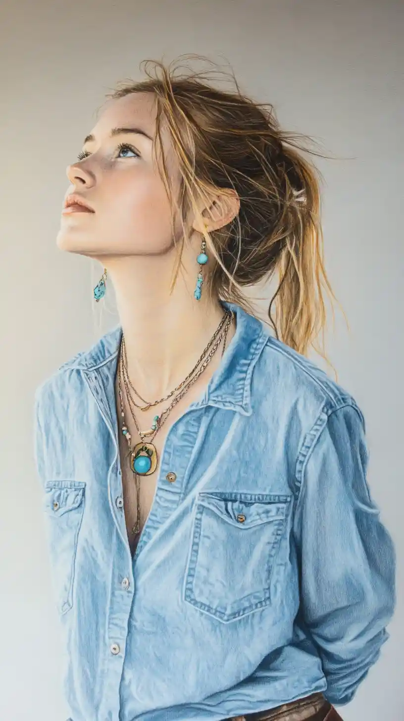 Young woman in denim shirt drawn in colored pencil