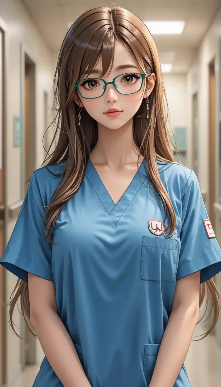 Tan skinned anime nurse girl standing in hospital