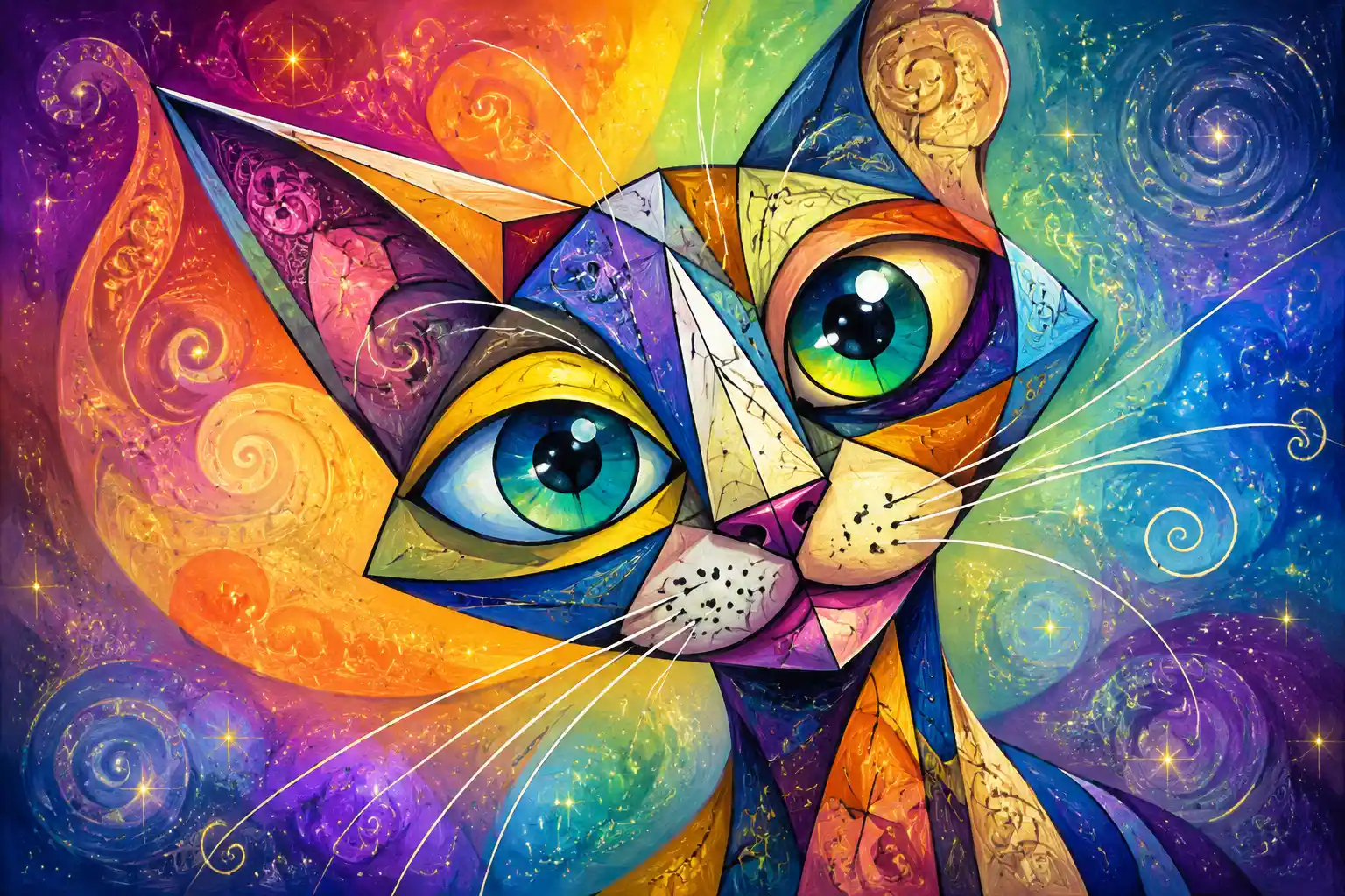Cubist cartoon cat close up on rainbow psychedelic background