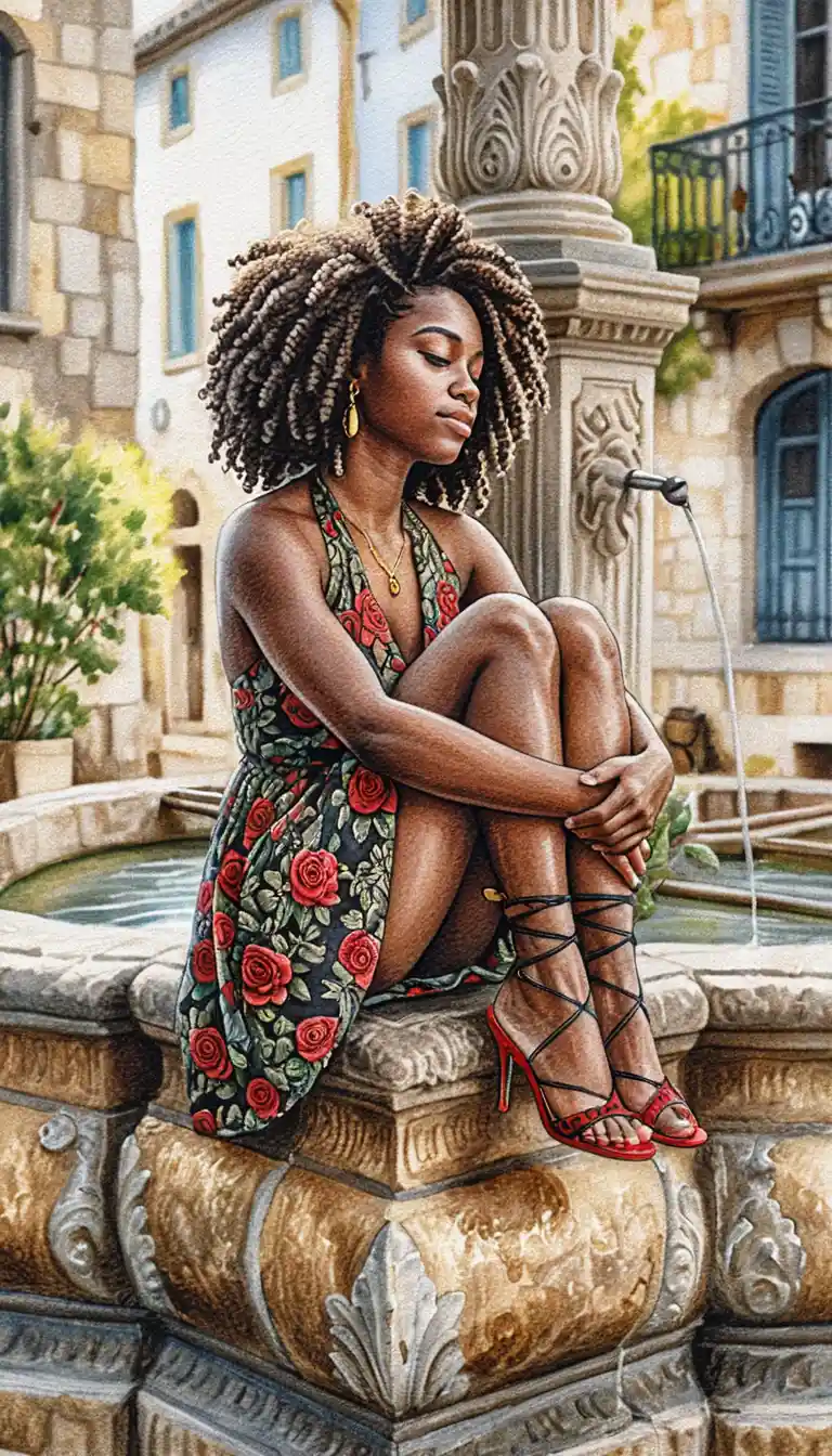 Young black woman by a stone fountain in colored pencil