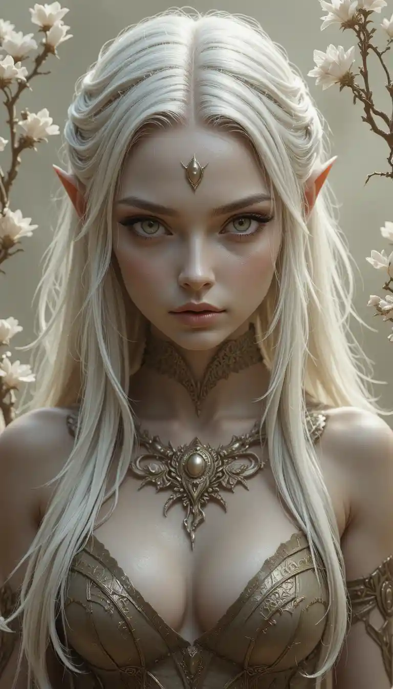 Pale ghostly woman with silver eyes in a fantasy world