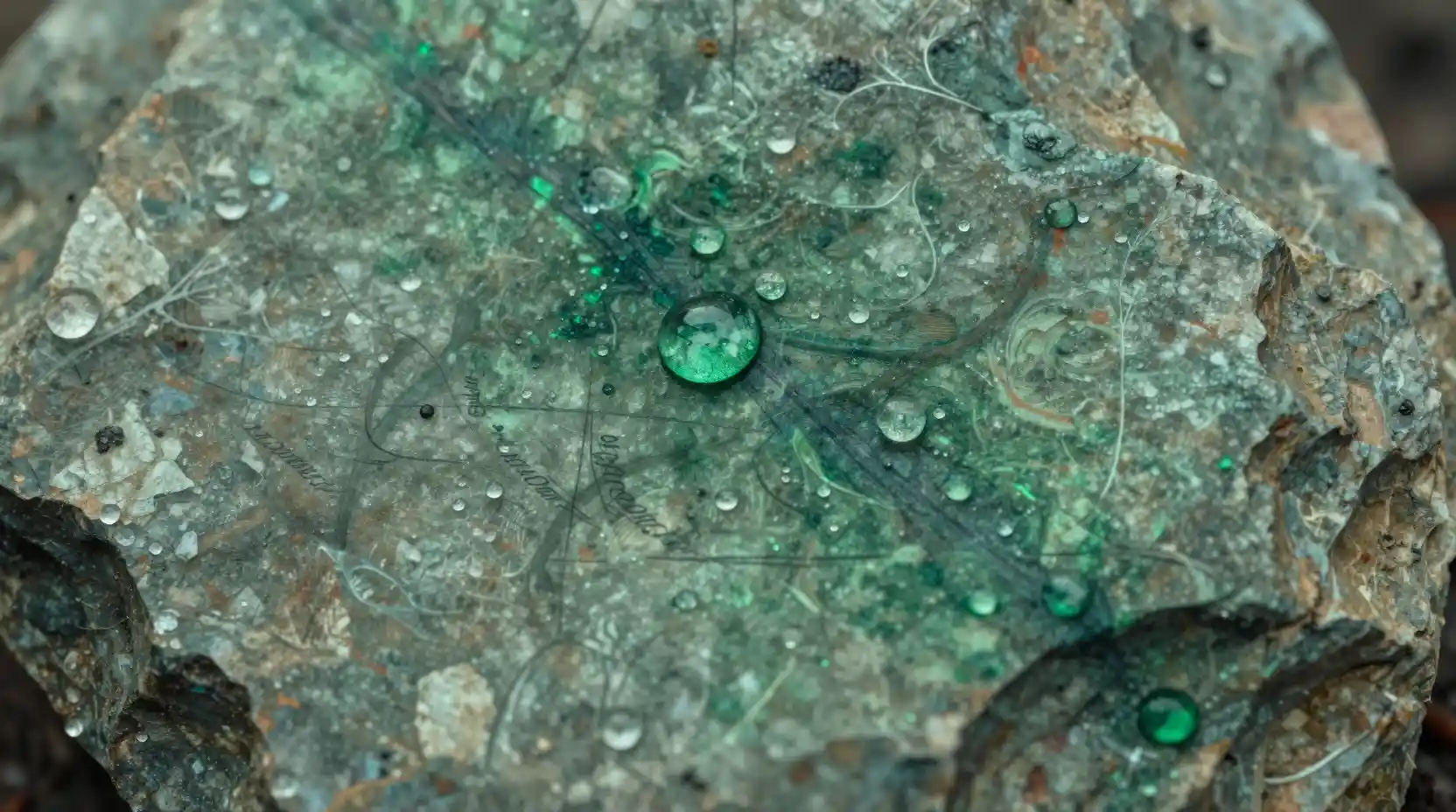 Close up of green mineral stain and emerald drop on rock