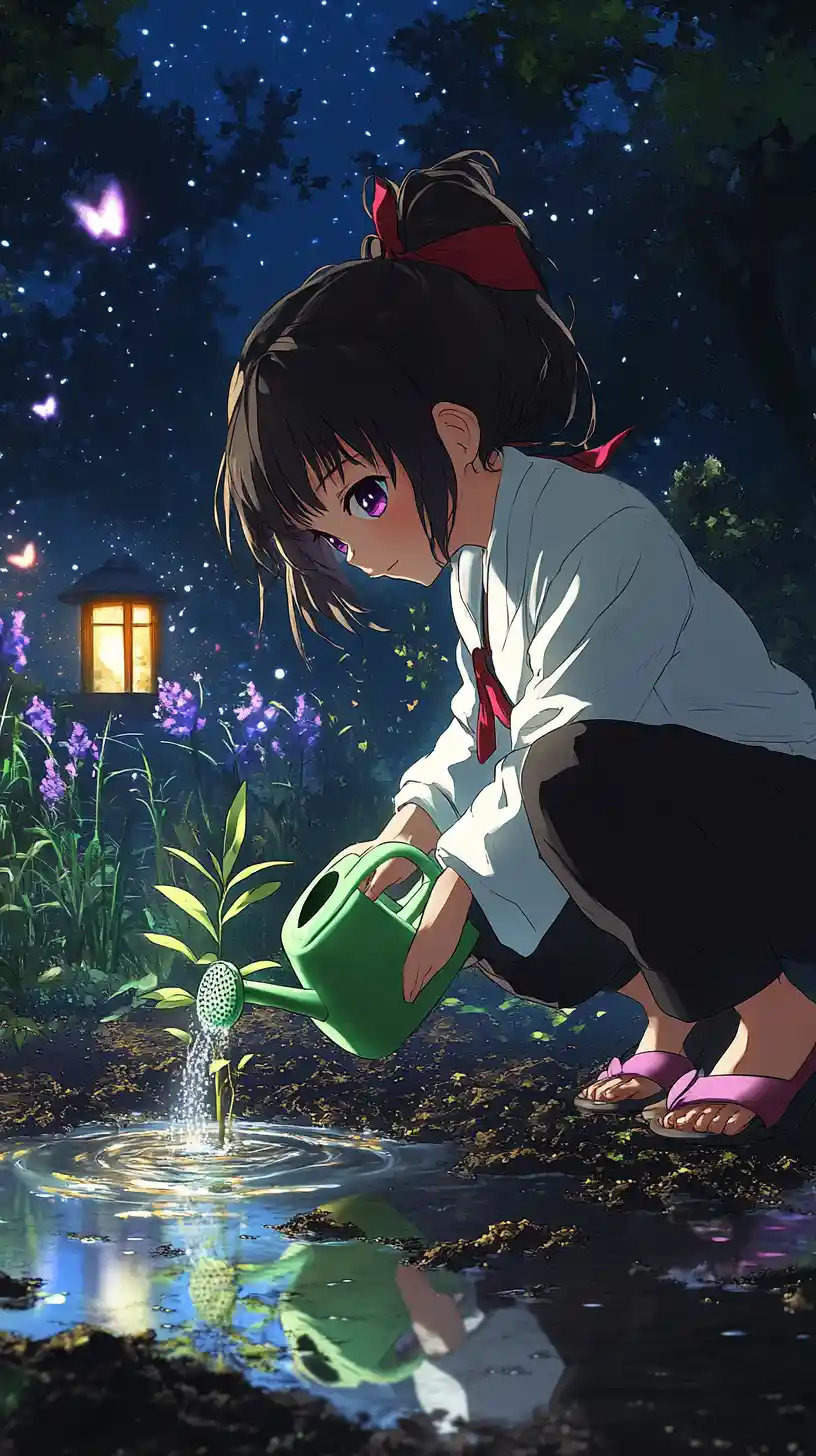 Anime girl watering a glowing plant in a mystical garden