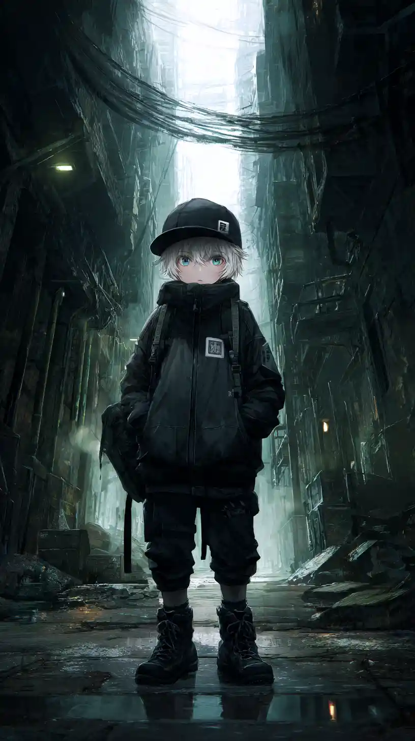 戦術装備を身に着けたアニメ少年が暗い路地に立つ