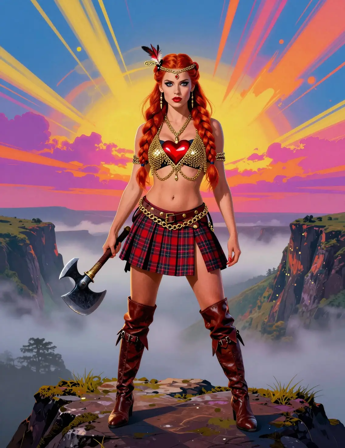 Celtic warrior princess on a misty cliff at sunset