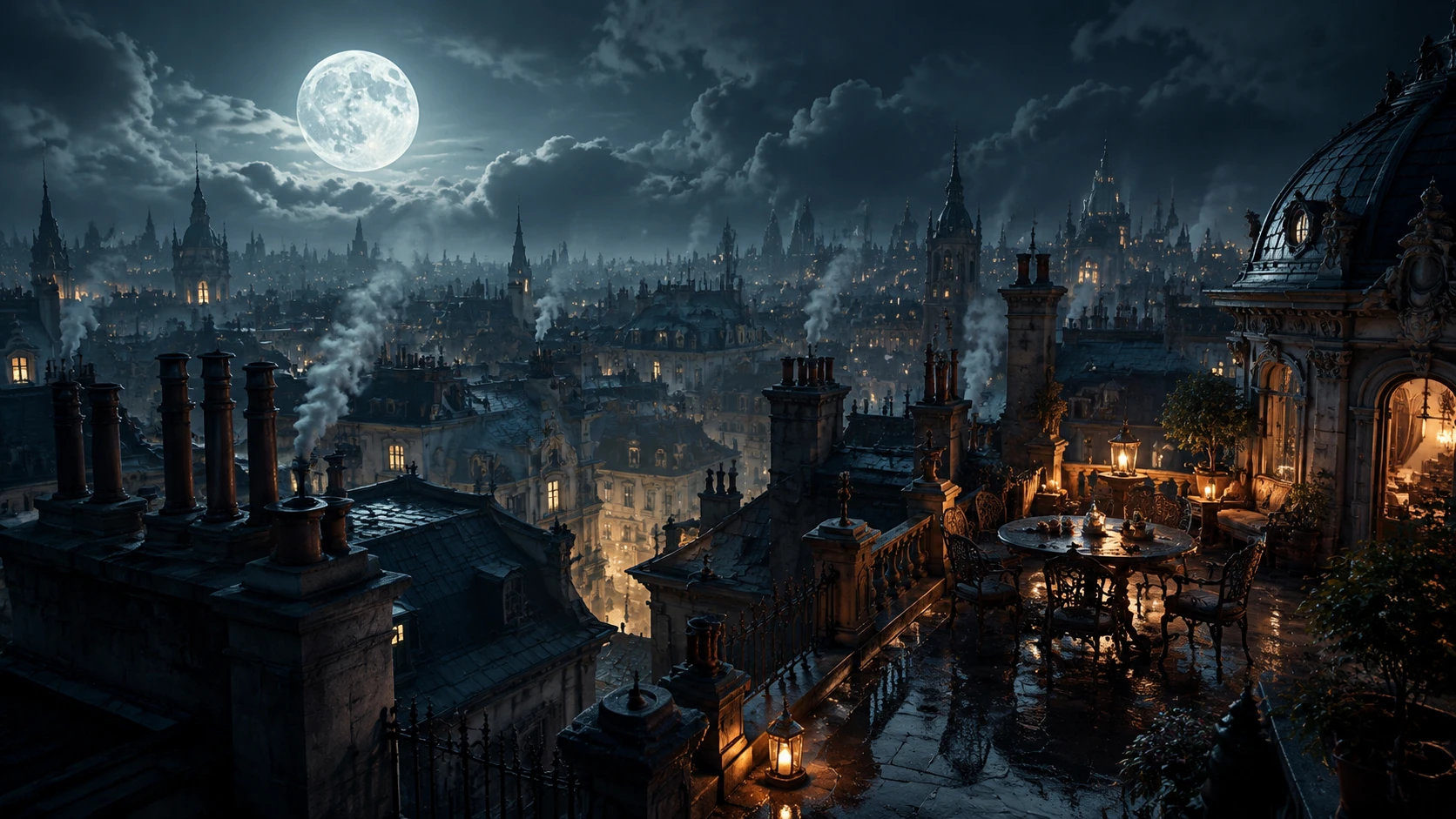 Surreal rooftops of an ancient city under bright full moon
