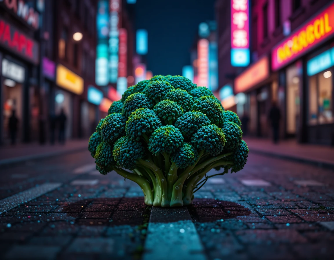 Surreal close up broccoli in neon lit night cityscape