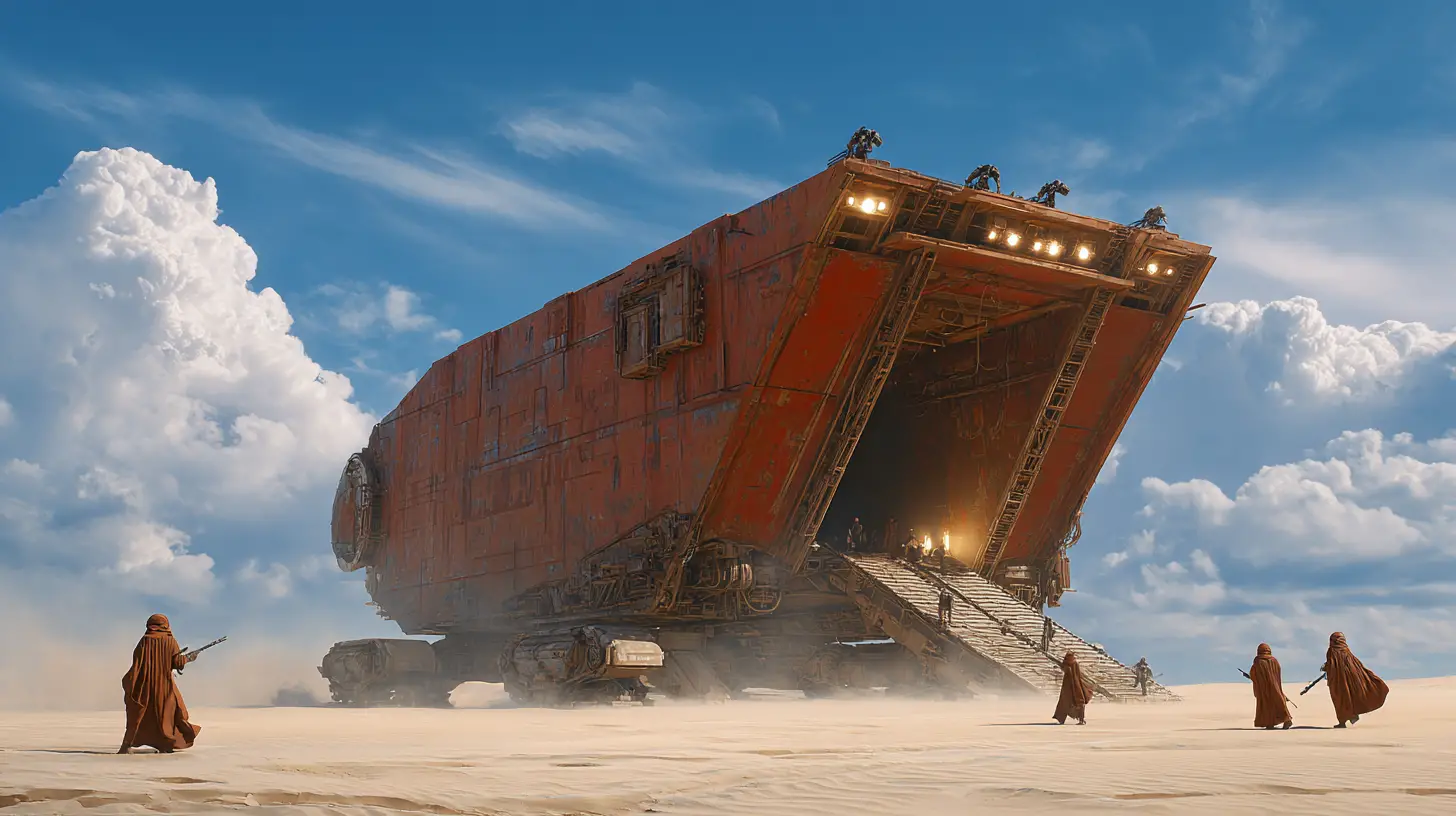 Rusted sandcrawler on the dunes of a bright desert world