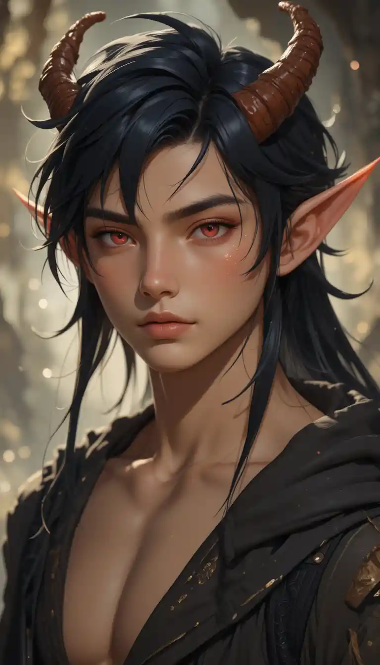 Half elf half demon young man with dark hair and horns