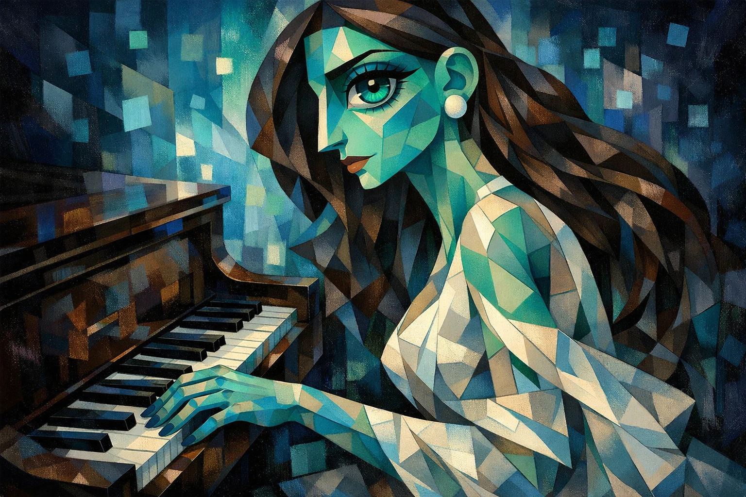 Retrato Cubista de Pianista de Jazz em Piano de Cauda