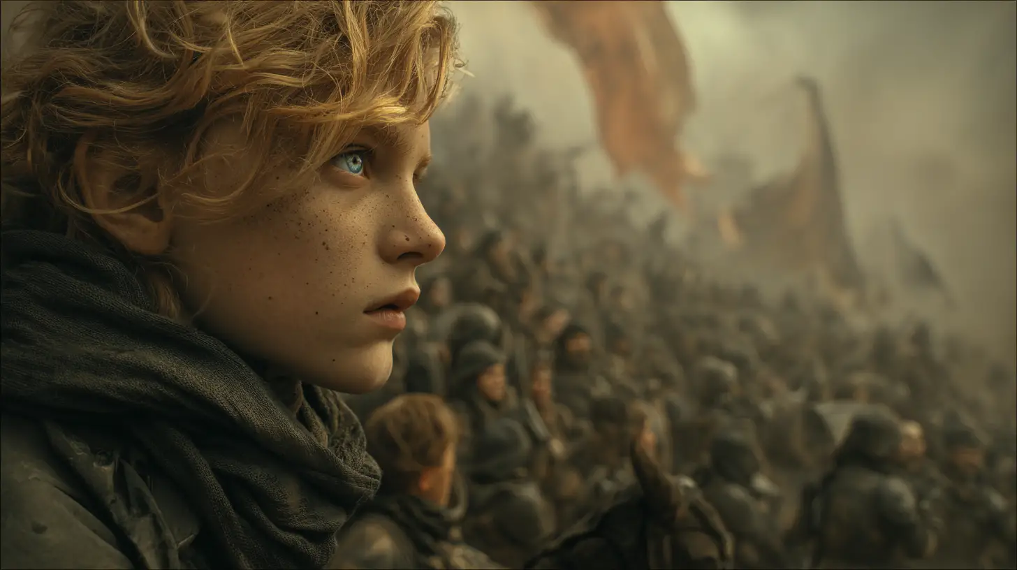 Noble mother and blue eyed child watching vast arena army