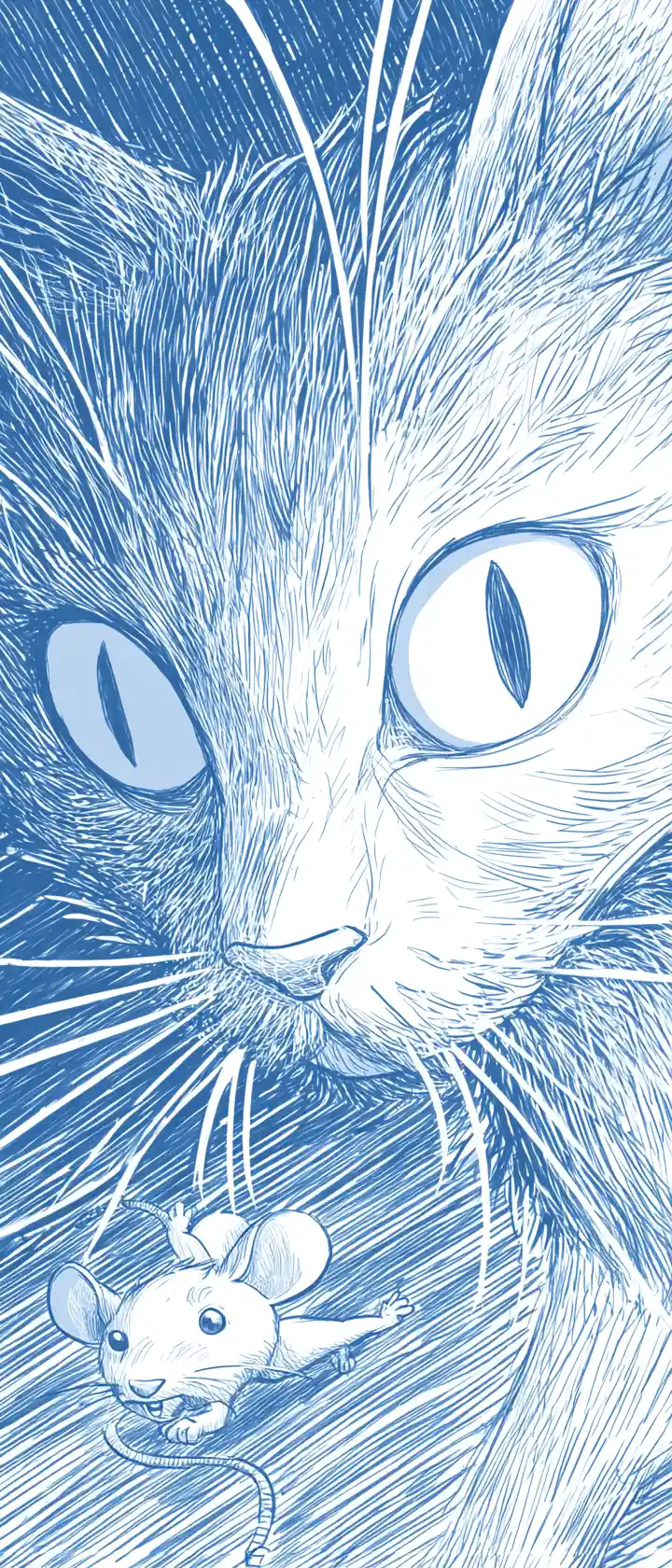 Dynamic manga sketch of a cat chasing a fleeing mouse