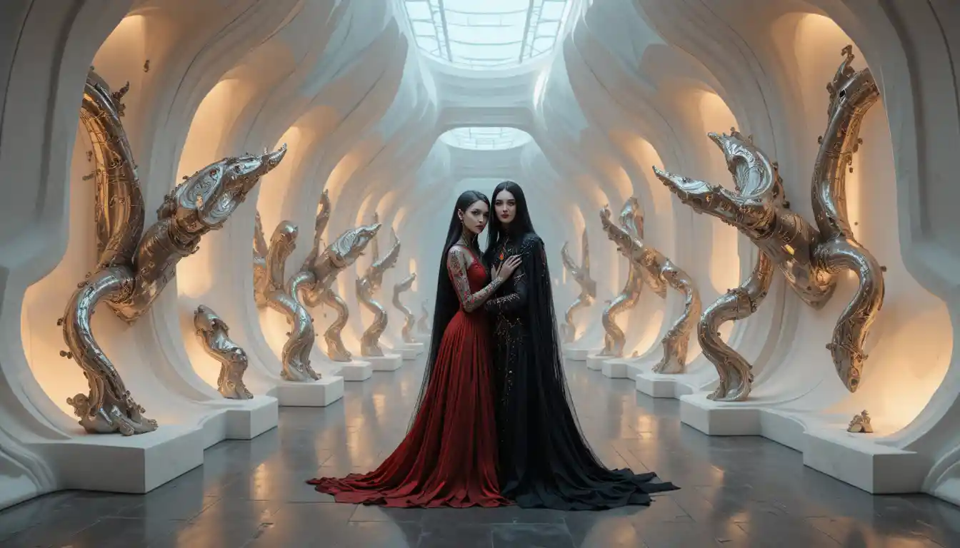 Futuristic gallery with abstract metal sculptures and couple