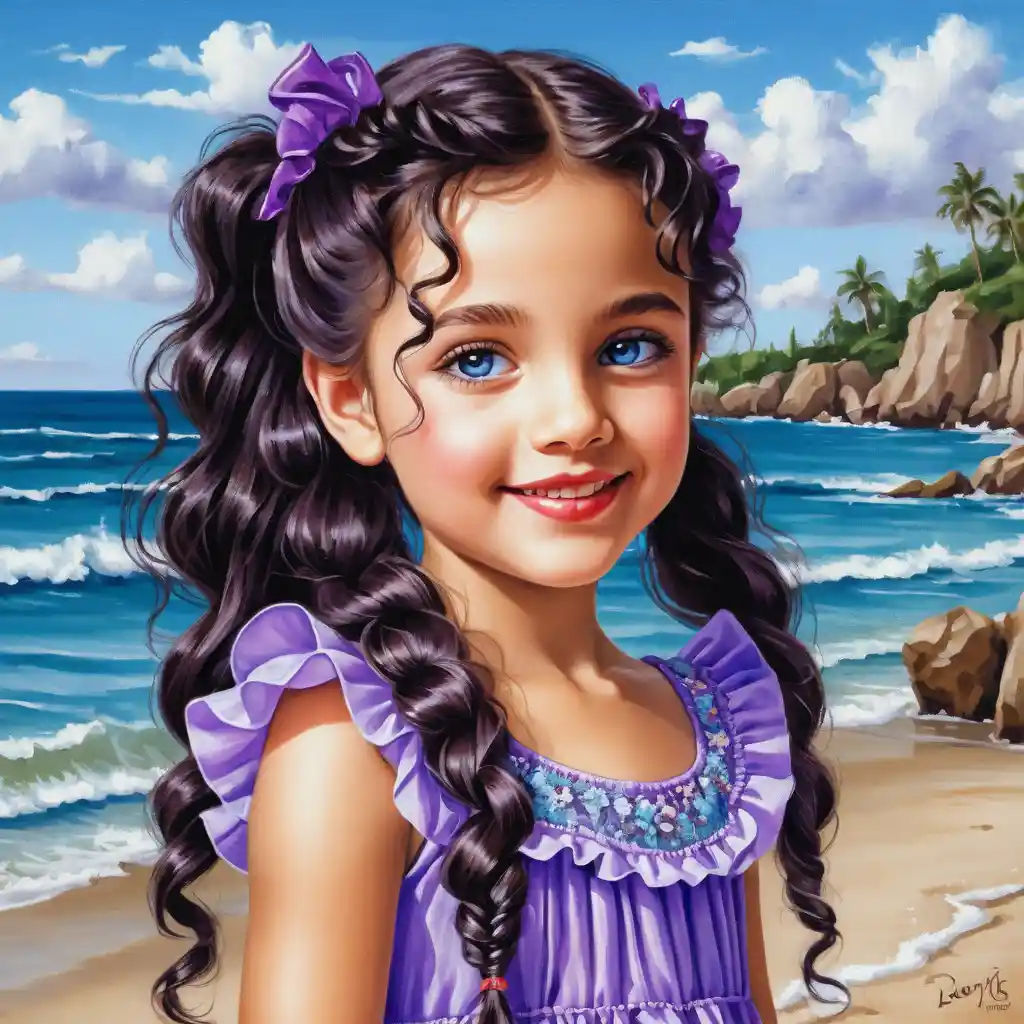 Smiling girl with long curly hair in purple summer dress