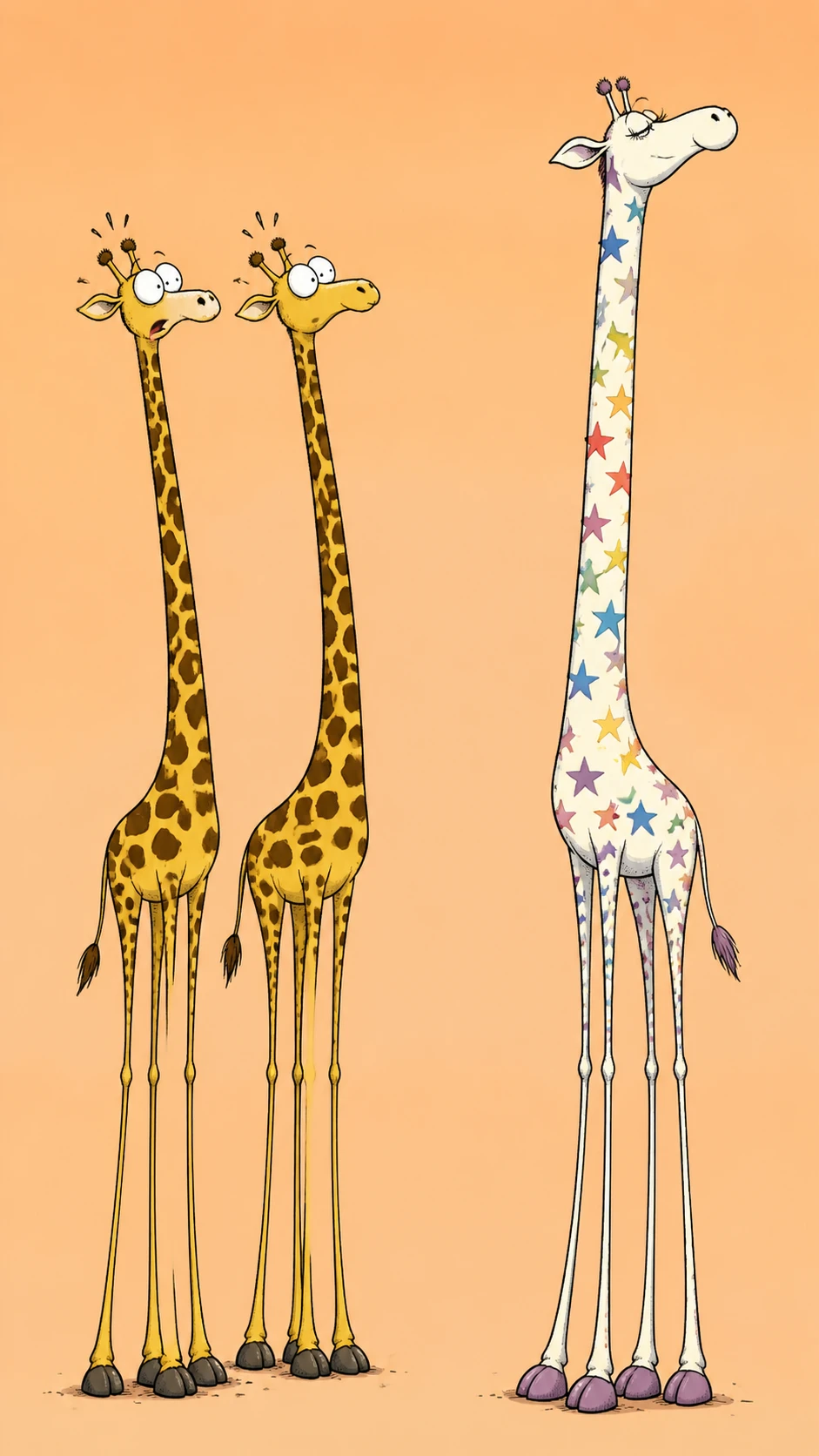 Trois girafes de dessin animé aux longs cous exagérés et amusants
